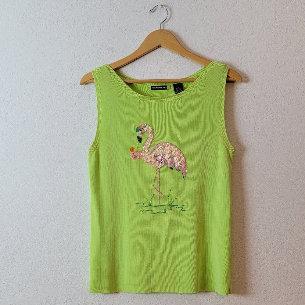 Sweaterworks Lime Green Sequin Flamingo Tank Top